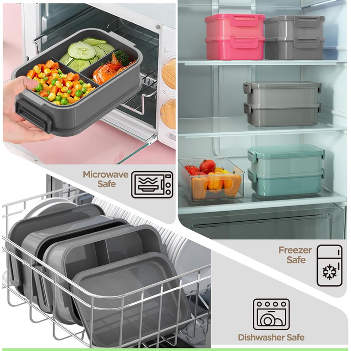 WayEee Ланчбокс для дорослих 2130 мл, великий об'єм, бенто-бокс, витікання захищено, BPA Free, для офісу, школи (сірий)