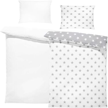 Комплект постільної білизни для дитячого ліжечка 90x120 см з бавовни Kinderbettwäsche - комплект ковдри та наволочок 40x60 см для малюків (хлопчиків та дівчаток). Oeko-Tex, білий з сірими зірками / сірий з білими зірками.