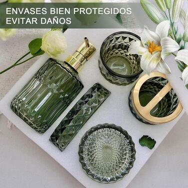 Набір аксесуарів для ванної кімнати 5 предметів, чорний дозатор для мила та лосьйону, мильничка, підставка для зубних щіток, стаканчик, склянка для ватних паличок, прозорий скляний бокс (Зелений)