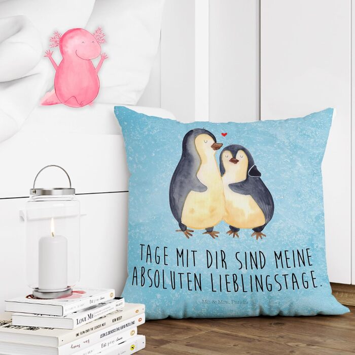 Декоративна подушка Mr. & Mrs. Panda з пінгвінами, що обіймаються, 40x40 см – подарунок для пари, на весілля, заручини, річницю, диванна подушка, чохол