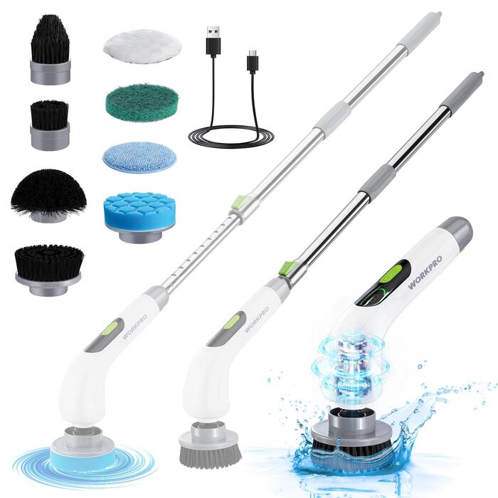 WORKPRO Електрична щітка для прибирання з індикатором потужності, 8 в 1, обертова щітка-скребок, 8 насадок, телескопічна ручка 30-120 см, 3 швидкості, для ванної кімнати та кухні