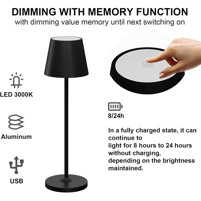 LED акумуляторні настільні лампи Klighten (2 шт.), диммування, для дому та вулиці, USB зарядка, 3000K, IP54, алюміній (чорний)