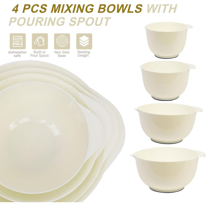 Набір мисок для змішування BoxedHome (4 шт.) з пластику, бежевий. Миски для салатів, ручне миття, неслизькі, стійкі, для сервірування та приготування їжі.