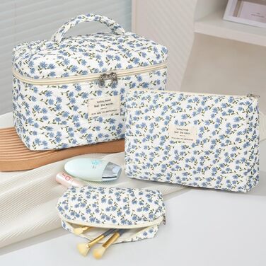 Набір косметичок для жінок: 3 шт. (великі та маленькі) - косметичка, сумочка для макіяжу, органайзер для подорожей (блакитний з квітами)
