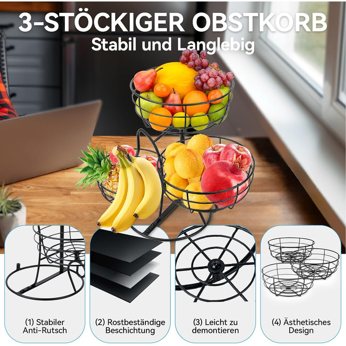 Багатоярусна підставка для фруктів Obst Etagere, чорна. 3 яруси, для кухні, вітальні, їдальні. Організація зберігання, економія місця.