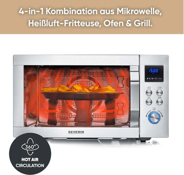 Мультифункціональна мікрохвильова піч Severin Crispy Wave 4-в-1 з конвекцією, грилем та аерофритюрницею, 25л, 2150 Вт, нержавіюча сталь, MW 7982