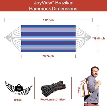 Гамак JoyView бразильський одинарний, портативний з мотузками та сумкою, 200x100 см, до 136 кг, блакитні смуги - для тераси, дому