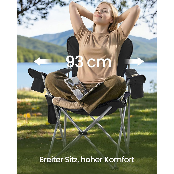 Кемпінговий стілець SONGMICS складаний, широкий, з високою спинкою, чорно-сірий GCB005BH01 - для пікніка, відпочинку на природі, з підсклянником та органайзером