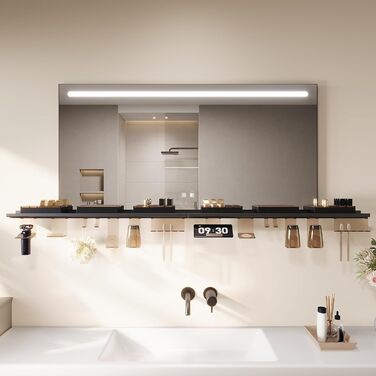 Дзеркало для ванної кімнати SONNI з підсвічуванням 120x60 см, 3 кольори світла, антизапар, годинник, температура, LED, сенсорне управління, білий (полиця 160л, темно-сірий + верхнє світло)