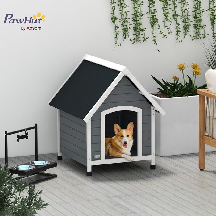 Будка для собак PawHut з дерева, сірого кольору, для середніх собак, 75 x 88 x 82 см, знятний піддон, захист від корозії, зовнішнє використання