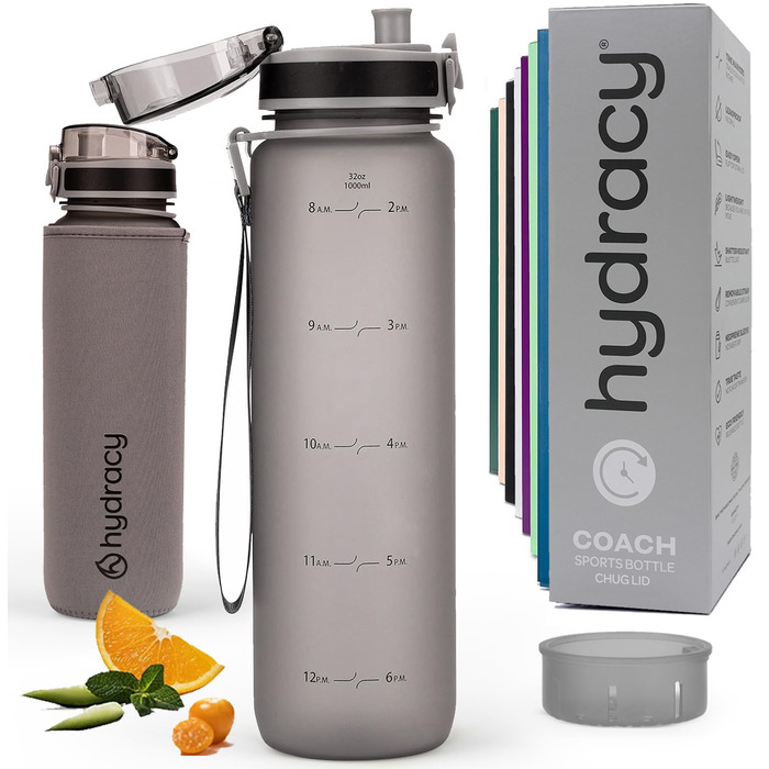 Пляшка для води Hydracy з фруктовою вставкою 1000 мл, сріблясто-сіра - BPA-free, з міткою часу, спортивна, герметична