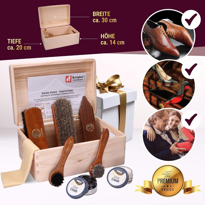 Shoe Shining Set Leather 9-Piece Shoe Shining Box Milano I Horsehair Shoe Brush - Container Brush and extra soft horsehair brush for polishing I Shoe Brush Set with horsehair, shoe care set made in Germany