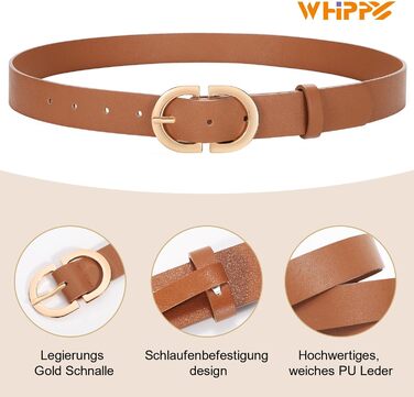 Жіночий шкіряний ремінь WHIPPY для джинсів, з золотою пряжкою. Розмір L (91-105 см), XL (106-115 см). Колір: B-brown