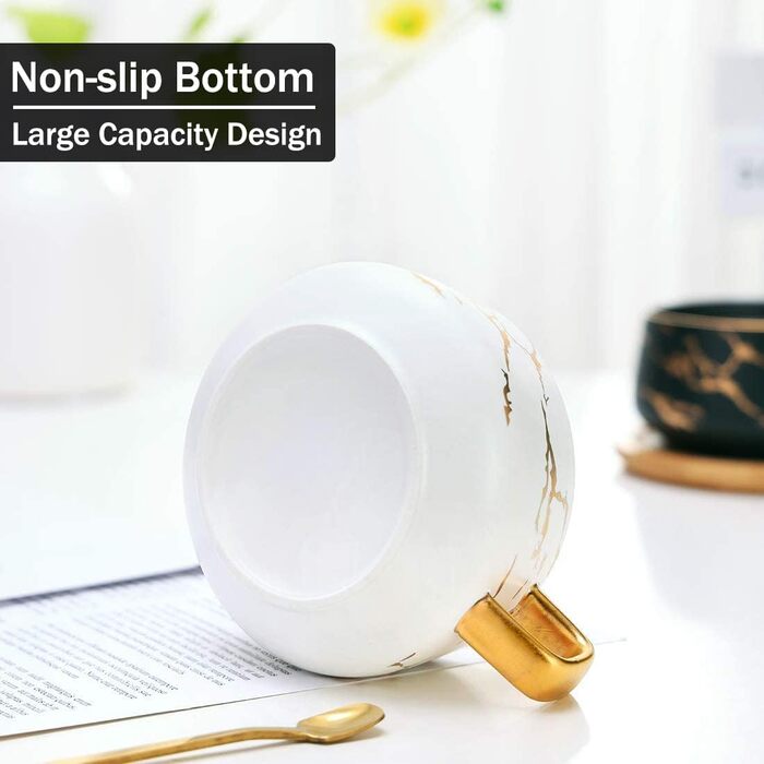 Келихи для капучино VETIN (2 шт.) з підставкою, мармурова кераміка, 300 мл, для еспресо, чаю, кави, капучино, з дерев'яною підставкою (білий)