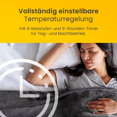 Електрична ковдра Cosi Home Luxus з автоматичним вимкненням - тепла та затишна ковдра з регулюванням температури, 9 режимів нагріву, захист від перегріву, з пульт керування, 180x130 см, сіра