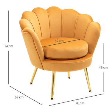 HOMCOM Shell-Shaped Upholstered Armchair Relaxing Chair with Metal Legs, Vanity Chair with Velvet-Look Fabric, for Bedroom Living Room, Yellow | Aosom