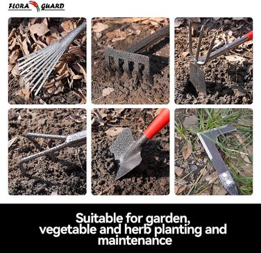 FLORA GUARD Garden Tools, 6-Piece Garden Tool Set Including Weeder, Garden Shovel, Hand Rake, Hand Hoe, Brush Rake, Cultivator, Garden Hand Tools with Heads Made of Carbon Steel