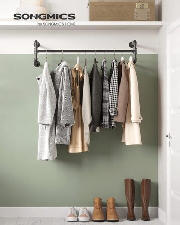 SONGMICS Wall Clothes Rack, Industrial Design Clothes Rail, 2-Piece Set, Wall Mounting, Load Capacity up to 60 kg, 30 x 112 x 29.3 cm, Easy Assembly, Black HSR64BK-02
