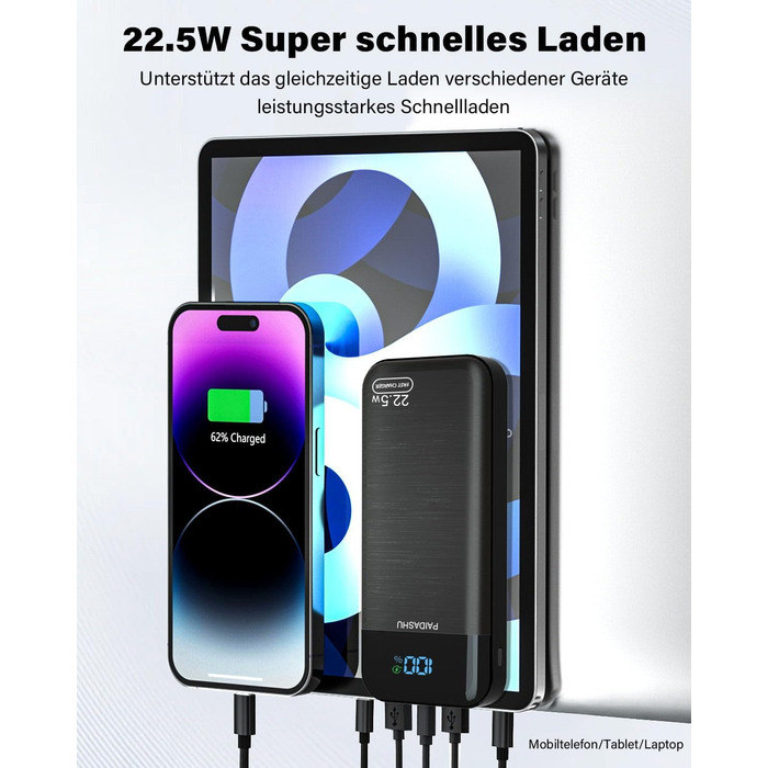 Портативний зарядний пристрій Power Bank 27000mAh з LED дисплеєм та 3 виходами, 2 входами, швидка зарядка 22,5W/PD20W, USB-C