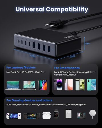 Мережевий адаптер USB-C 200W 8-в-1 GaN III з QC4.0, PPS, PD 65W для MacBook Pro/Air, iPad, iPhone, Samsung, Steam Deck, чорний