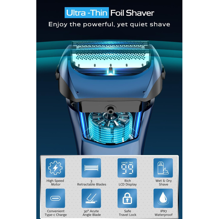 Електрична бритва чоловіча з 3 гнучкими лезами та тримером, синя. Бритва для вологого та сухого гоління, з кейсом для подорожей, акумуляторна, 120 хв роботи. Подарунок для чоловіків