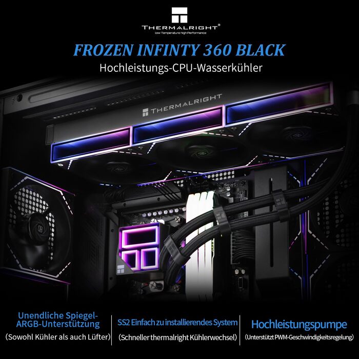 Система водяного охолодження CPU Thermalright Frozen Infinity 360 BLACK з трьома вентиляторами PWM (2000 об/хв) для AM4/AM5/Intel LGA115X/2011/1700/1851