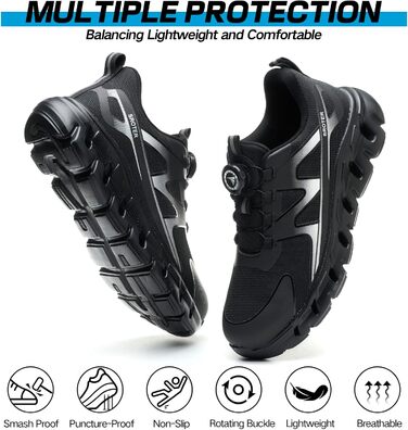 Черевики безпеки унісекс, легкі, спортивні, дихаючі, шнурки/крутильний замок, сталевий підносок, антиковзаючі, 43 EU, чорні