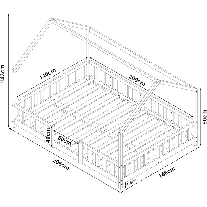 en.casa Kids Bed Sisimiut House Bed 140 x 200 cm with Side Rails Wooden Bed for Children Floor Bed Slatted Frame Pine Wood Wood Finish Wood 140x200cm