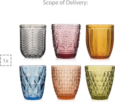 Sänger Drinking Glasses Set Porto - 6-Piece Glass Set for 6 People, Water Glasses, Multicolored, Unique Cut, Everyday Use, Family Meals, Office, Outdoor Juice Glasses Set | 310 ml