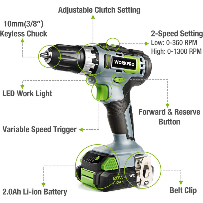 WORKPRO Акумуляторний шуруповерт 18V/20V з 16 насадками, крутним моментом 25NM та регульованою швидкістю, LED-підсвічуванням, 2-ма режимами обертання, акумулятором 2.0Ah Li-Ion та швидким зарядним пристроєм