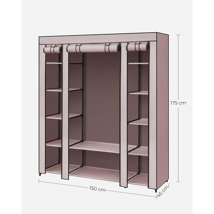 SONGMICS Wardrobe, Fabric Closet, with Clothes Rail and Shelves, Fabric Cover, for Bedroom, Dressing Room, 150 x 45 x 175 cm, LSF03H (Powder Pink)