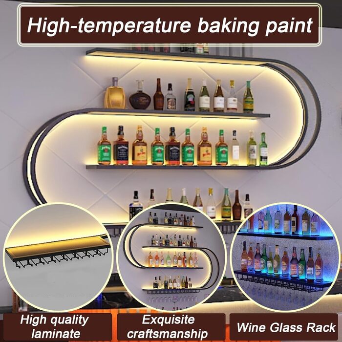 Настінна вітрина для вина, напівкругла багатоярусна з гачками для келихів, металева вітрина для винних пляшок, для кухні, бару, кафе (без лампочок) (Чорний, 120 * 20 * 120 см)