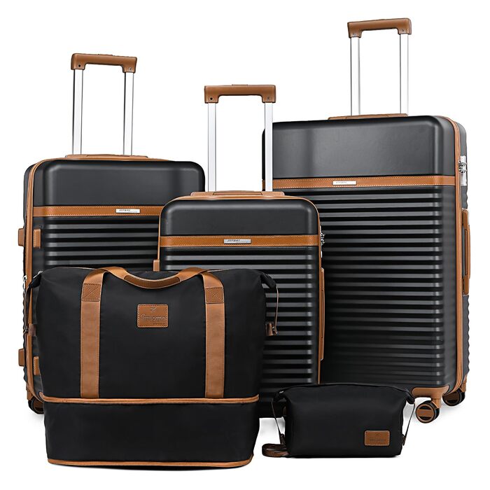 Набір валіз Joyway 5шт з ABS пластику, розширюваний, з TSA-замком. Чорний колір. Включає: валізу-троль, сумку-рюкзак та косметичку.