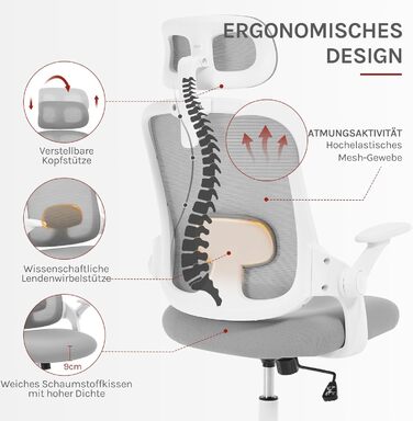 Офісний стілець WOLTU ергономічний з регульованою підголівником та підтримкою попереку, функцією гойдання, для офісу, 150 кг, світло-сірий