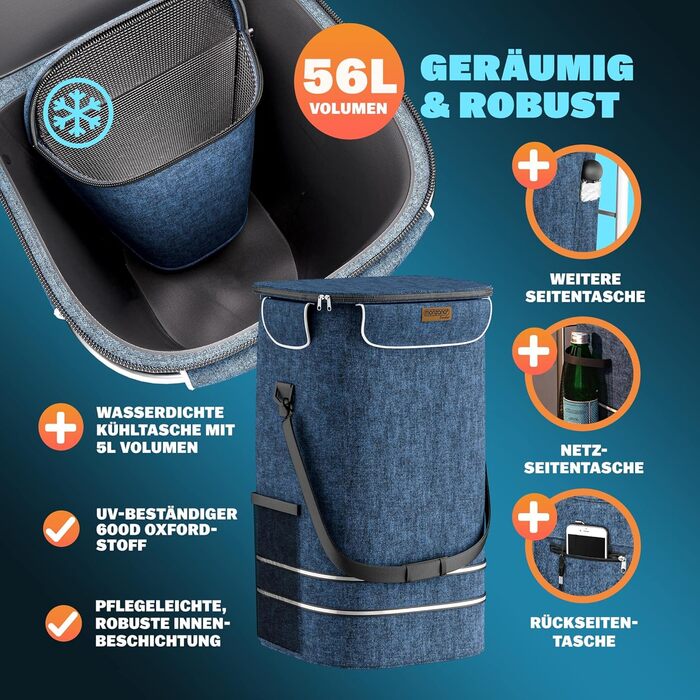 MONZANA® 3в1 Розкладний тележка для покупок 56L, до 50 кг з знімною сумкою, блакитна