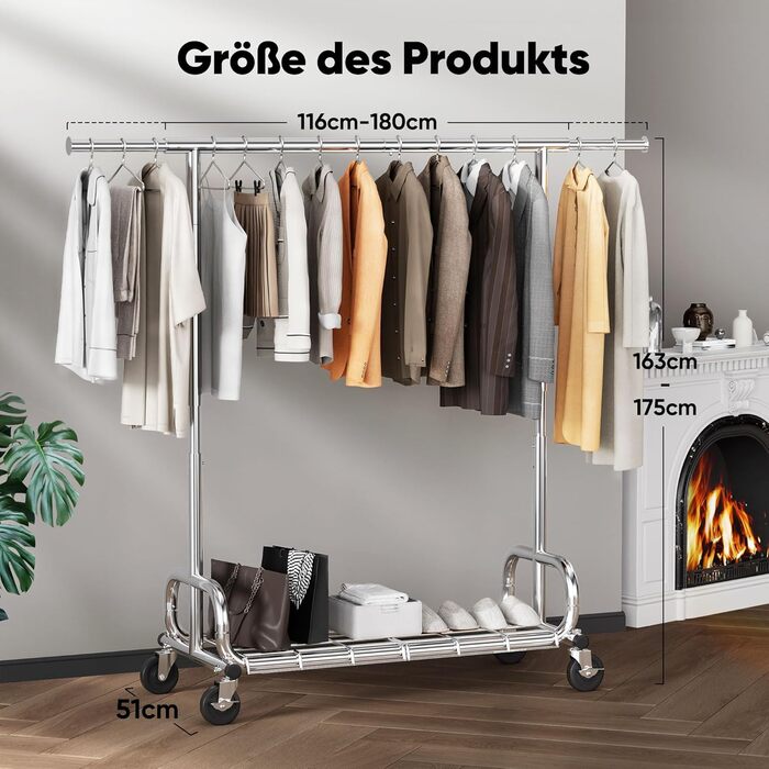 Вішалка для одягу HOKEEPER на колесах, вантажопідйомність 204 кг, висувна штанга для одягу S005