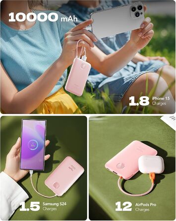 Повербанк VIYISI 10000mAh ультратонкий із вбудованим кабелем USB-C, рожевий