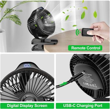 Портативний міні-вентилятор Minthouz з кліпсою, 8000mAh, 5 швидкостей, тихий, для дому, офісу, кемпінгу, дитячої коляски