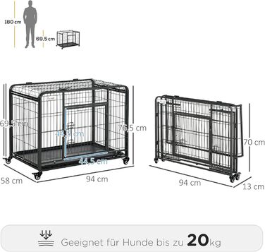 Переносна переносна клітка для тварин PawHut з колесами, 2 дверцятами та знімним піддоном, метал, сірий+чорний, 94x58x69,5 см