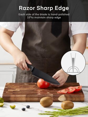 FOHERE 13-Piece Stainless Steel Knife Set with Block & Sharpener - Ergonomic Black Granite Handles