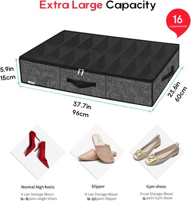 Організатор для взуття Homyfort 2 шт. з прозорим кришкою - коробка для взуття з 14+4 відділеннями, сіра, льон, XDUBS14S4 (Чорний, XXL)