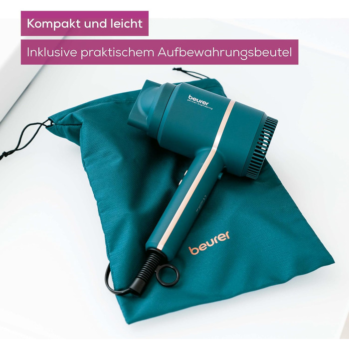 Фен Beurer HC 35 з іонізацією та насадкою для стайлінгу, 1600-2000 Вт, LED-дисплей, сумка, Petrol