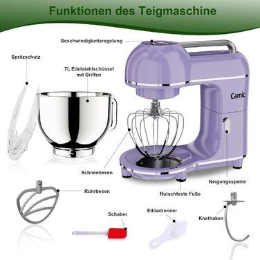 Кухонна машина Camic 2000W: планетарний міксер з чашею з нержавіючої сталі 7л, 10 швидкостями, набором насадок та захистом від бризок, світло-фіолетова