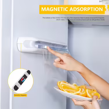 Magnetic Foil Dispenser with Cutter - Improves cling film dispensers, Practical cutter for plastic wrap & aluminum foil - Cling film roller for kitchen drawer, White