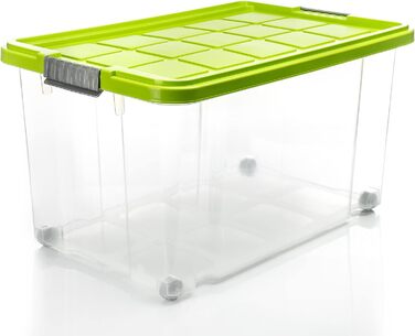 BigDean 2-Pack 60L Storage Boxes with Lid, Large Transparent - Stackable, Robust Box, BPA-Free - Rollable Stack Box with Secure Click Closures - Made in Germany (Green)