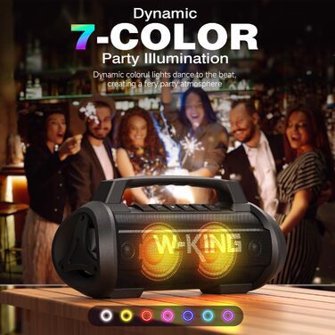 W-KING Bluetooth колонка 120W з басом 70W, портативна Party-Box IPX6, 42 год, BT 5.4, DSP, EQ, стерео, RGB, для кемпінгу, пляжу, саду, вечірок, чорна