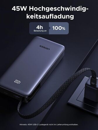 Power Bank UGREEN 20000mAh 45W з USB-C кабелем та швидкою зарядкою PD, сумісний з iPhone, iPad, Samsung Galaxy, ноутбуками