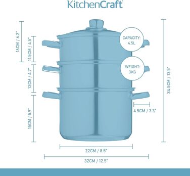 Набір з 3 каструль KitchenCraft з пароваркою, 3-рівневий, з нержавіючої сталі, для індукції, 22 см, сріблястий, у подарунковій коробці
