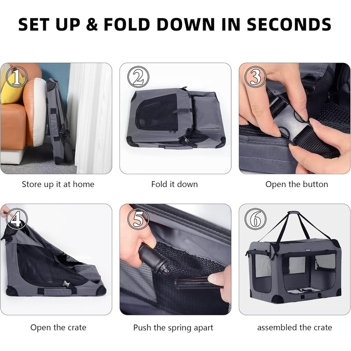 Транспортний бокс для тварин Petprsco з м'якими стінками, для котів та маленьких собак, 3-дверний, складний, з ременями, для подорожей, сірий (81x58x58 см)