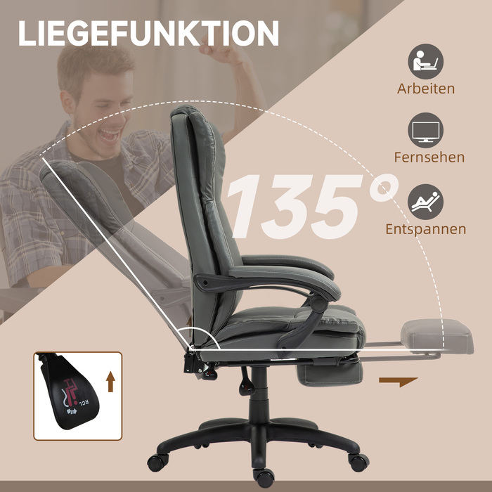 Vinsetto Office Chair Executive Swivel Chair with Footrest and Headrest, Ergonomic Chair, Vibration Desk Chair with Reclining Function, Massage Function, Faux Leather, Dark Grey, 68.5x68.5x113-121cm | Aosom